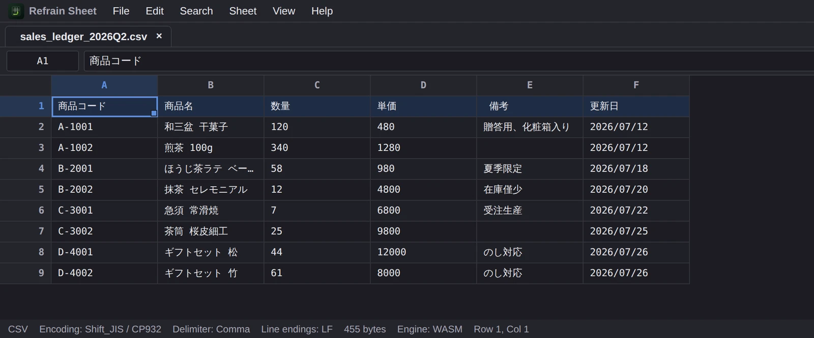 英語UI・ダークテーマで同じCSVを開いた Refrain Sheet の画面